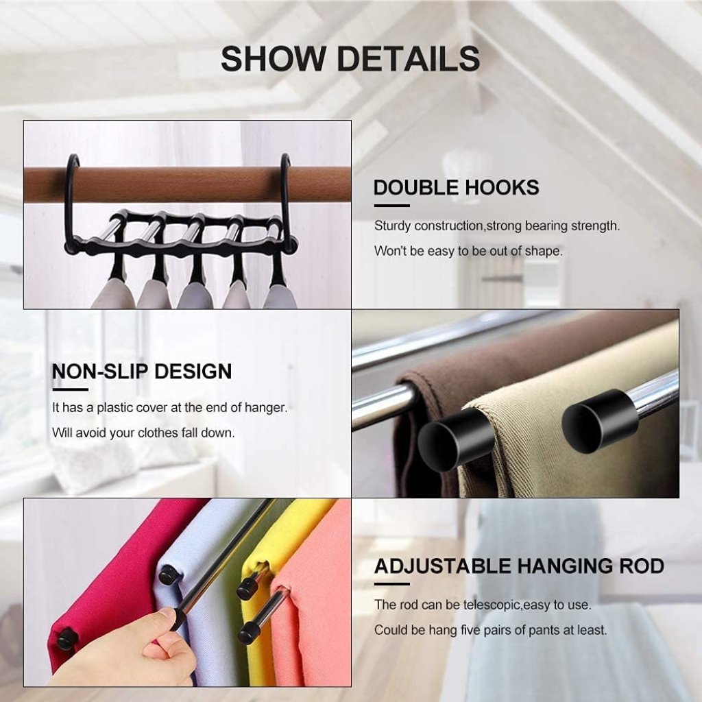 5 in 1 Foldable Hanger Multi Purpose Clothes Hanger Stainless Steel Pant Hangers for Wardrobe folding Space saver Trousers Scarf Tie and Belt