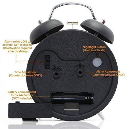 13 CM Twin Bell Black Alarm Clock Home Improvement