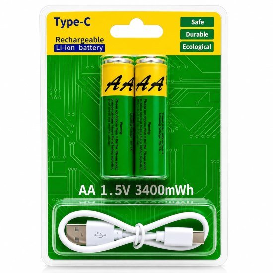 2 Pcs Type C Rechargeable Batteries 