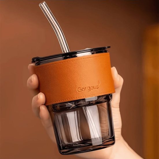 400ML Glass Tumbler Cup Lid with Straw 