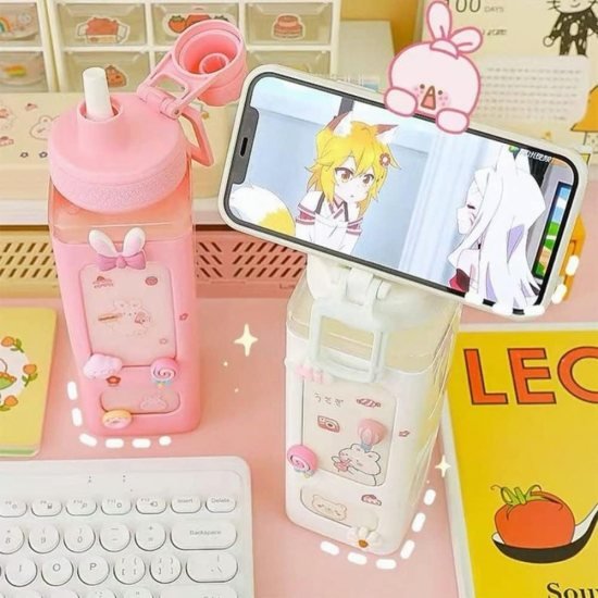 700ml Kawaii Water Bottle with Straw and Sticker Outdoor